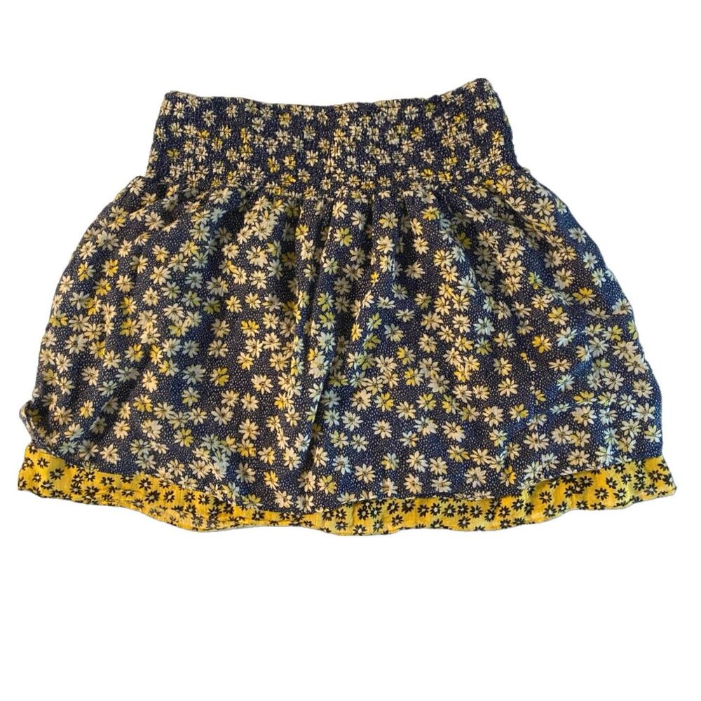 J Jill Smocked Skirt Size M Blue Yellow Ditsy Print Boho Layered 100% Cotton